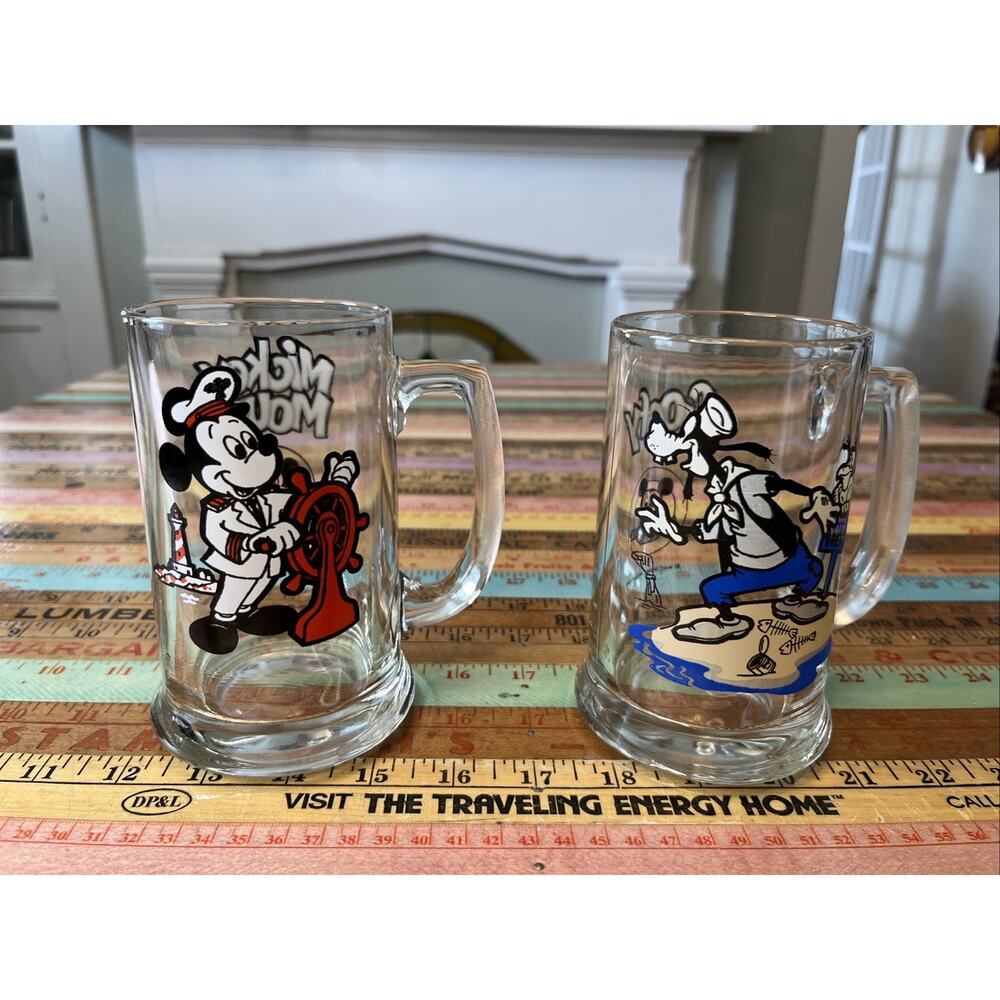 Vtg Mickey Mouse Club Sailor Goofy Deserted Island Handle Glass Mug Disney 2 Lot